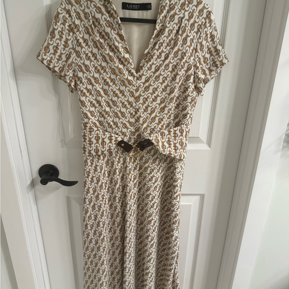 Ralph Lauren Gold and Cream Chain Print Midi Dress